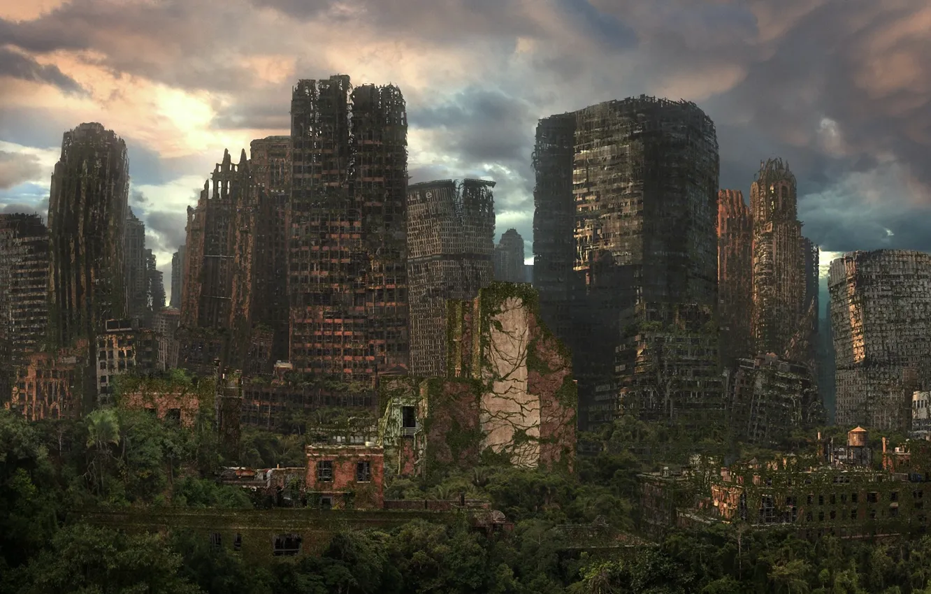 Фото обои город, арт, развалины, руины, постапокалиптика, лианы, залосли