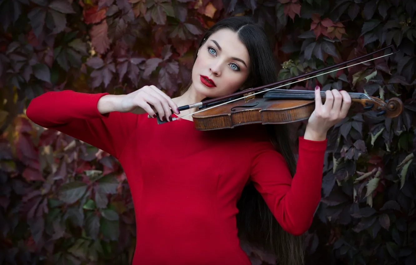 Фото обои осень, девушка, скрипка, макияж, в красном, Autumn sonata
