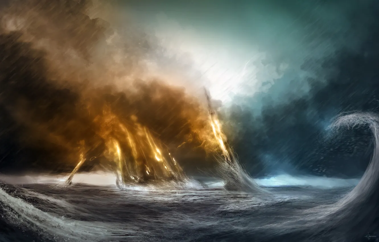 Фото обои море, волны, шторм, дождь, огонь, арт