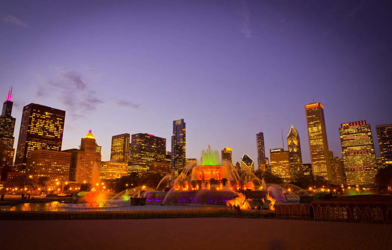 Фото обои city, город, огни, парк, вечер, фонтан, USA, Chicago