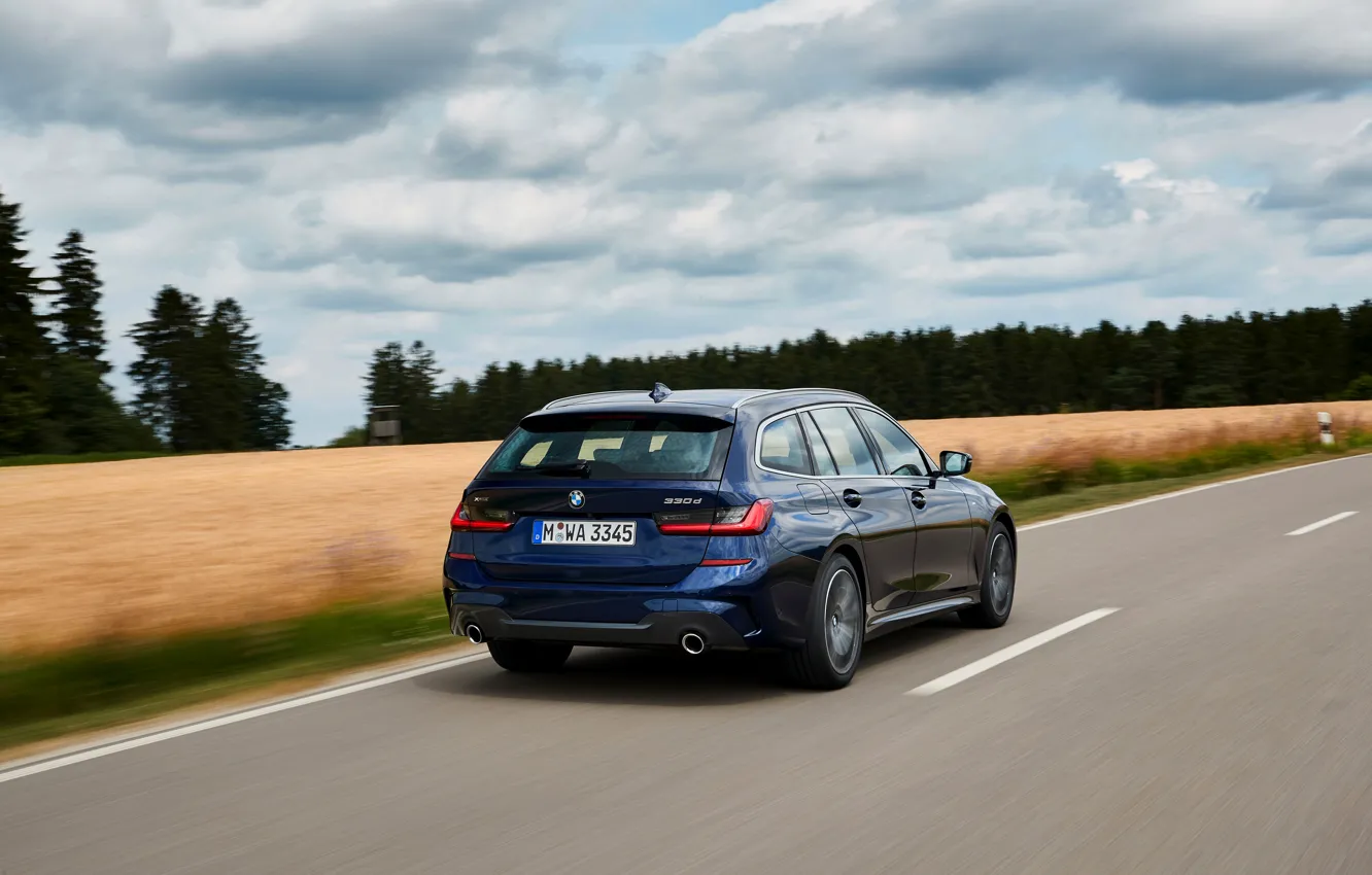 Фото обои скорость, BMW, 3-series, универсал, тёмно-синий, 3er, 2020, G21