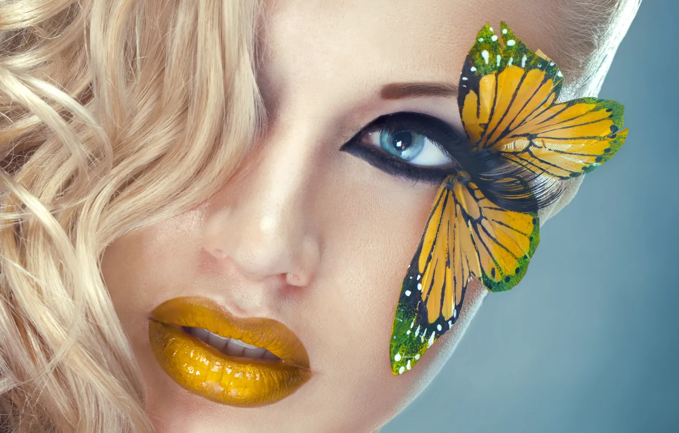 Фото обои глаза, взгляд, девушка, лицо, ресницы, бабочка, модель, волосы