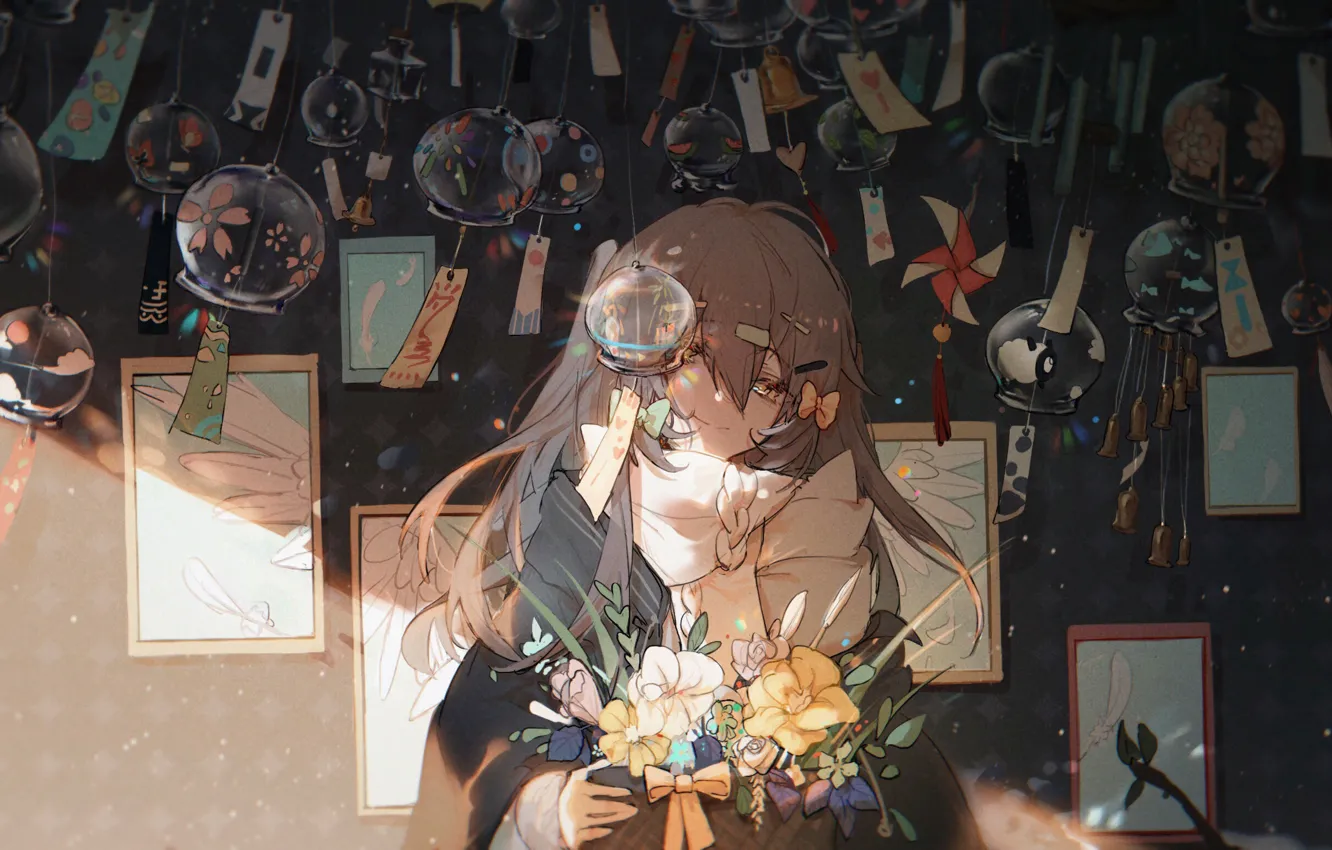 Фото обои девушка, цветы, колокольчики