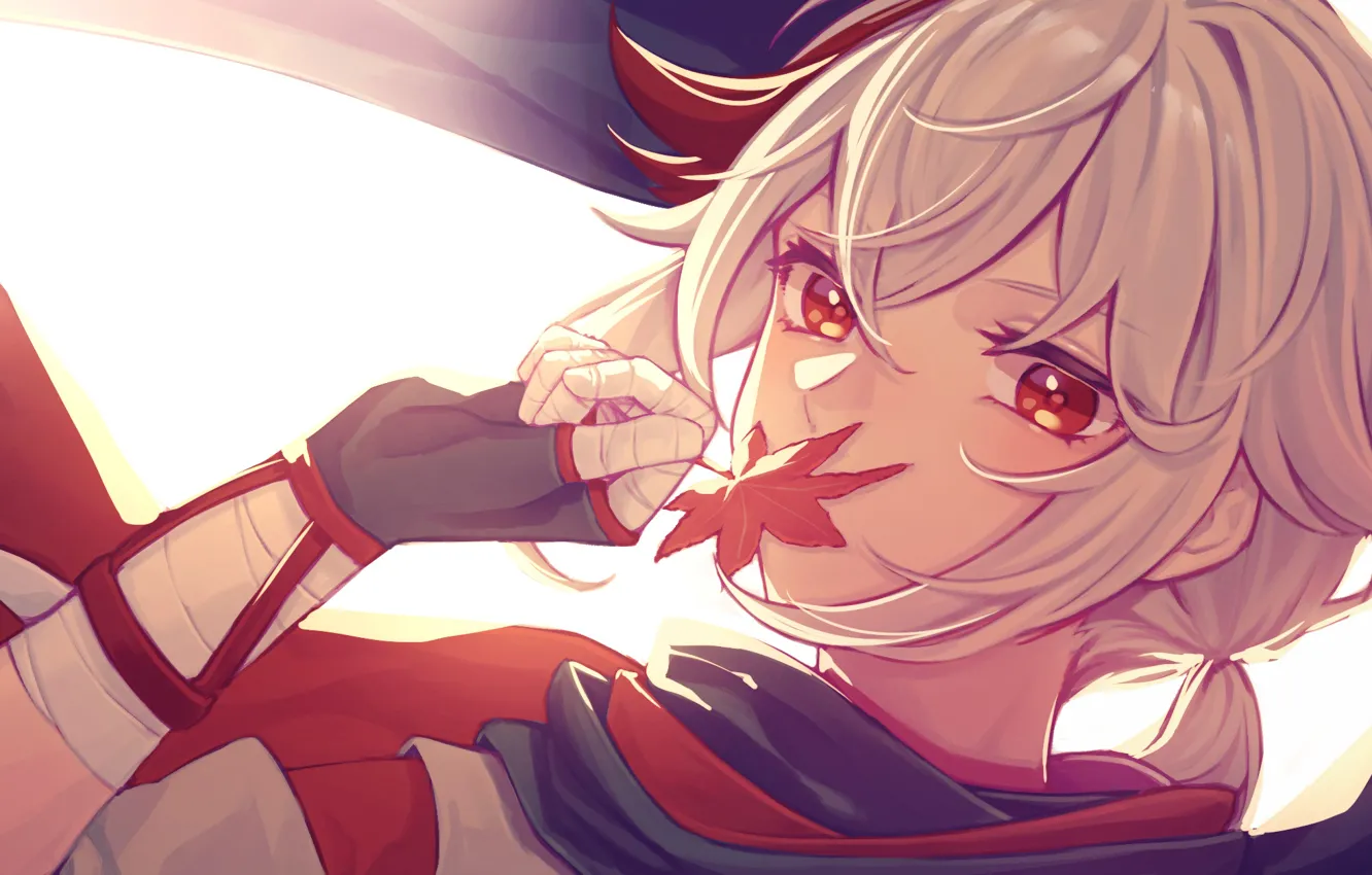 Фото обои листья, парень, Genshin Impact, Kaedehara Kazuha, Yozakura