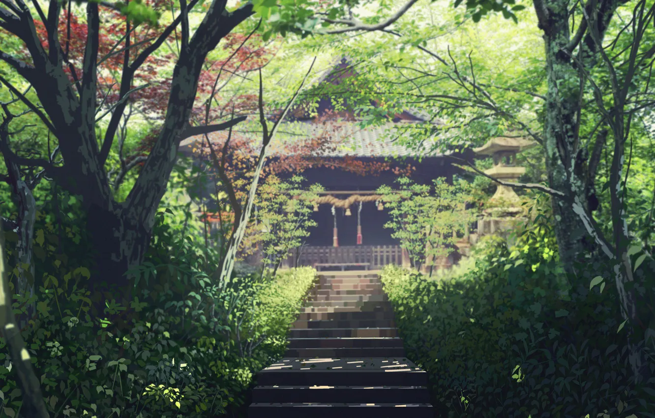 Фото обои деревья, природа, лестница, храм