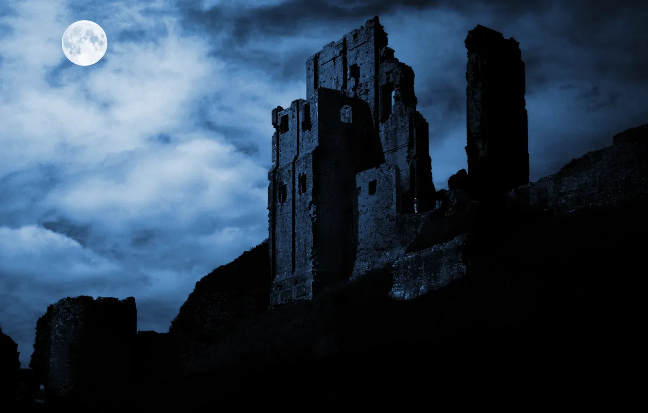 Фото обои ночь, луна, силуэт, развалины, крепость