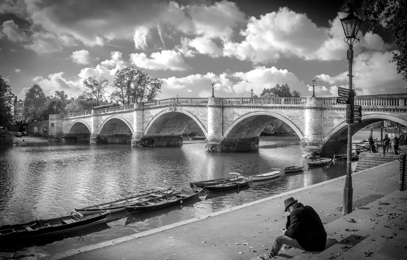 Фото обои река, лодка, Англия, Лондон, арка, Ричмондский мост