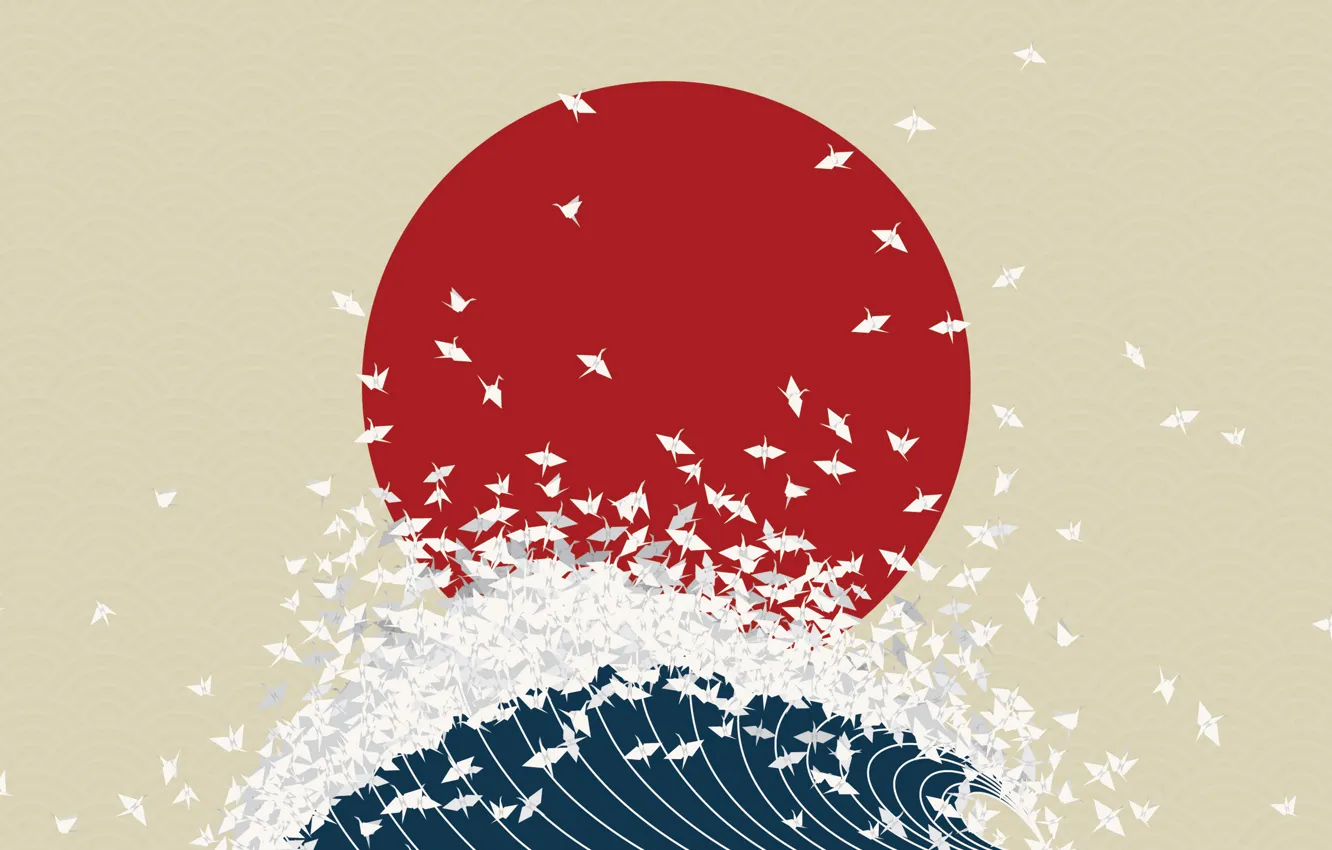Фото обои волна, япония, минимализм, оригами, восходящее солнце