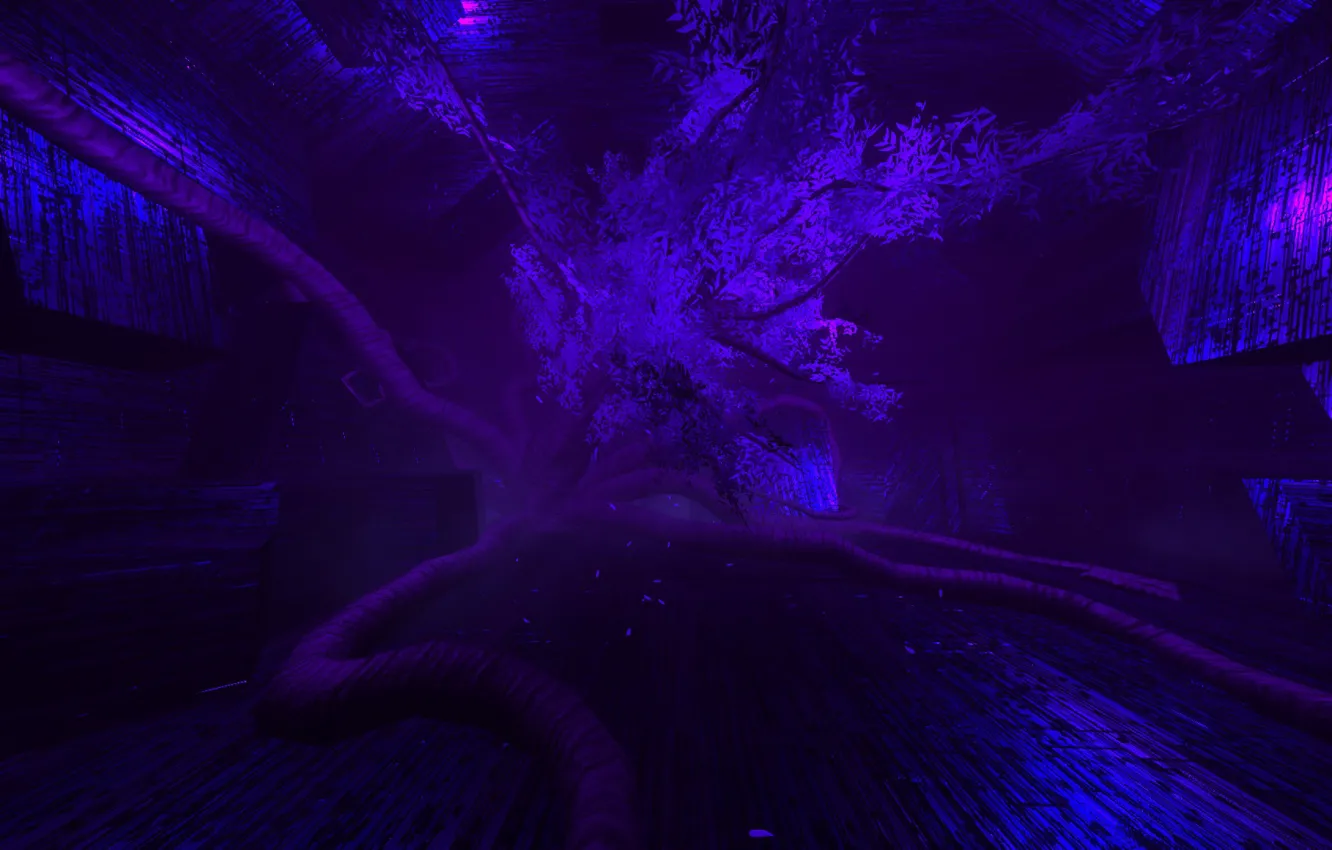 Фото обои фиолетовый, дерево, Туман, пещера, Pulsar: Lost Colony