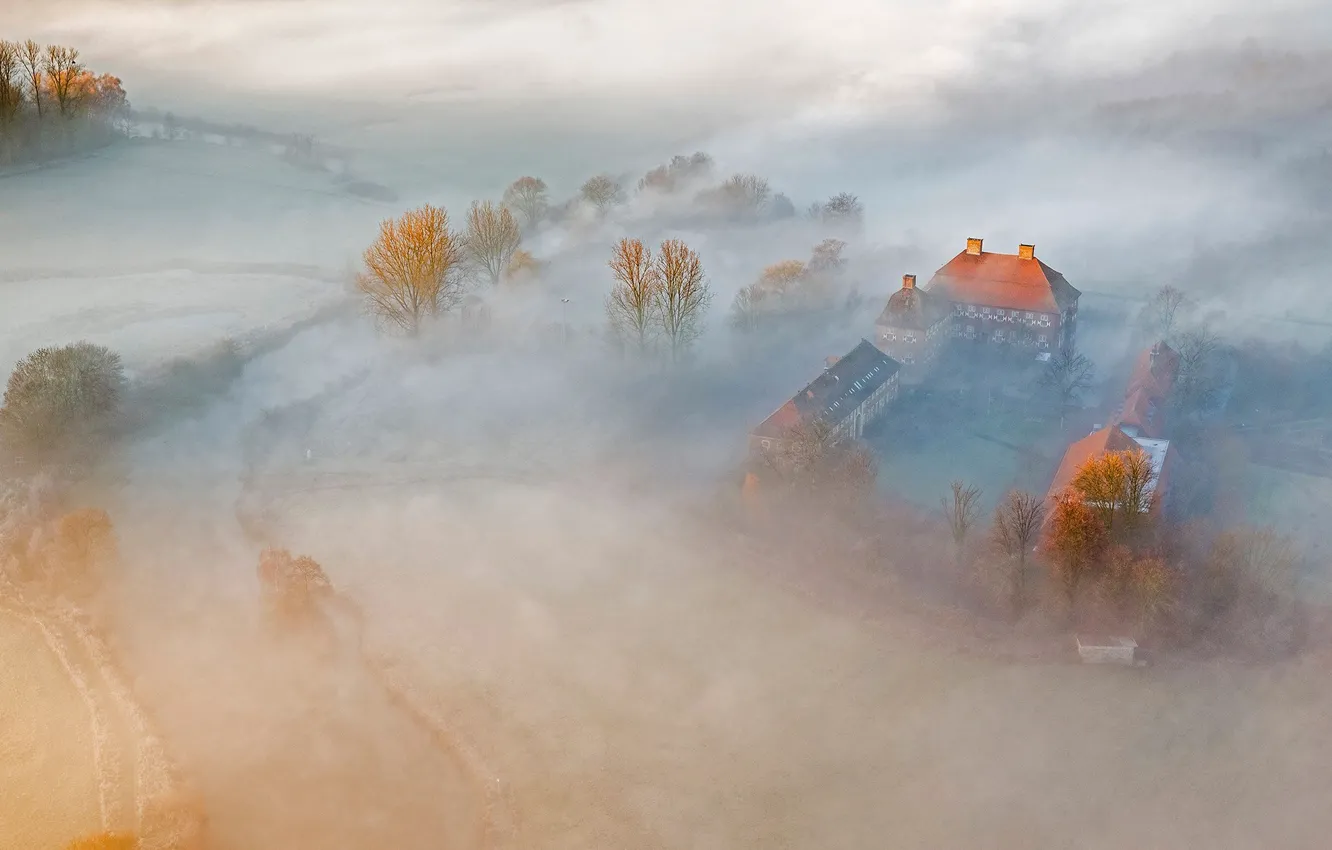 Фото обои туман, замок, Германия, панорама, Оберверис, Хамм, Северный Рейн-Внстфалия
