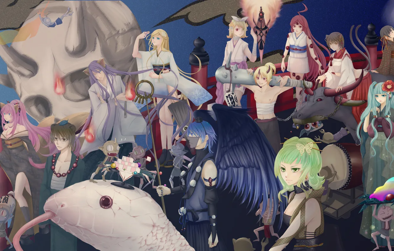 Фото обои девушки, череп, человечки, арт, рога, парни, vocaloid, hatsune miku