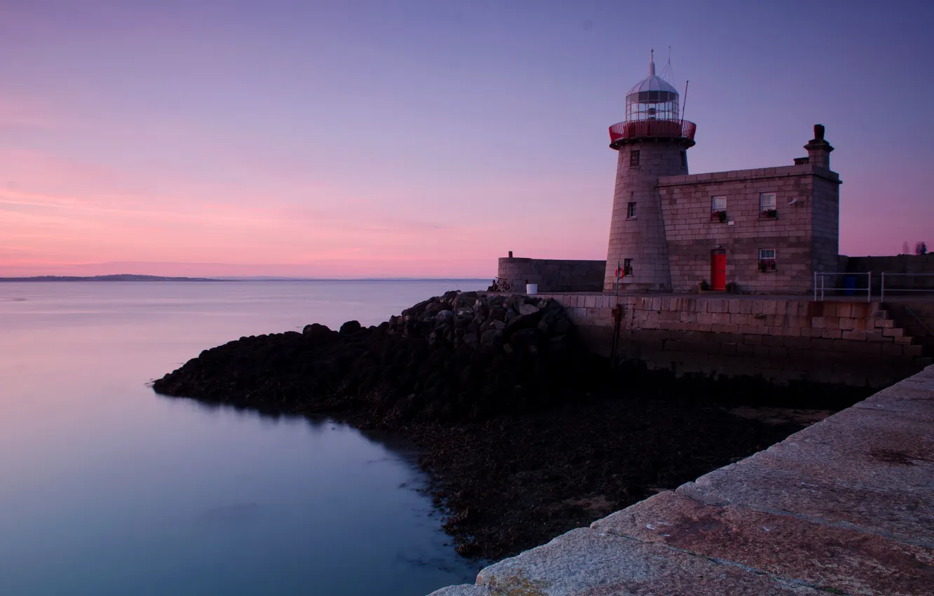 Фото обои море, закат, побережье, маяк, вечер, горизонт, Ирландия, Howth