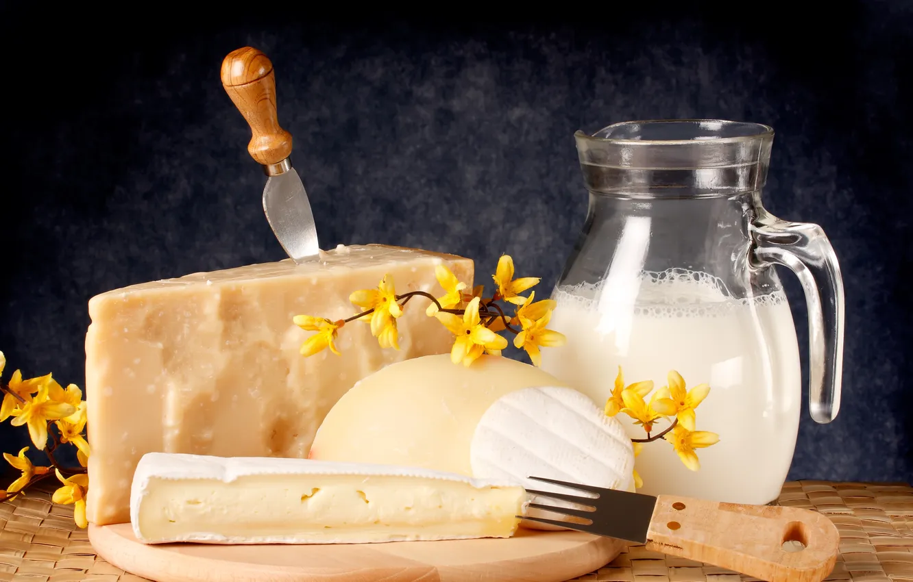 Фото обои цветы, сыр, молоко, нож, flowers, milk, knife, cheese