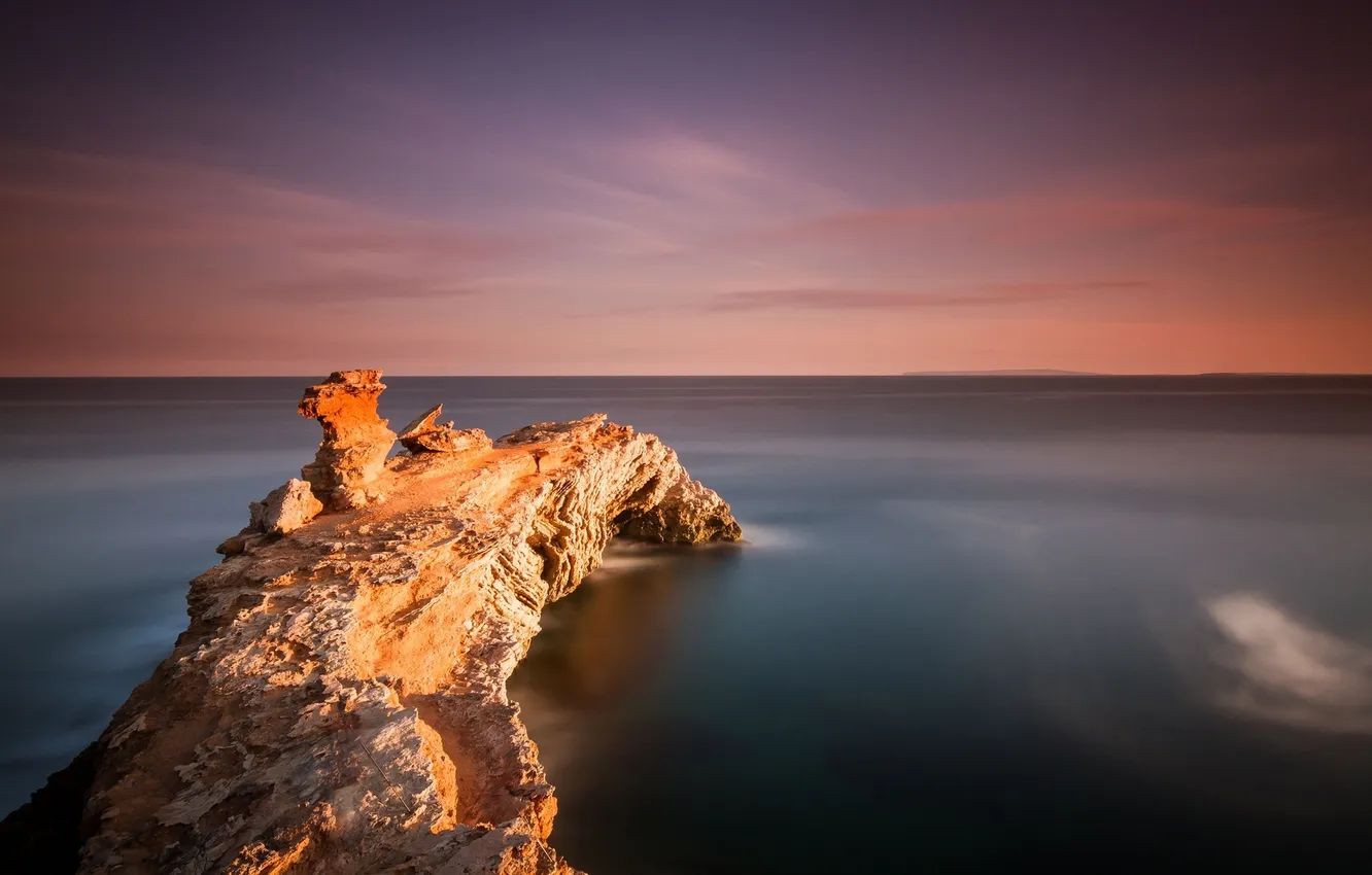 Фото обои пейзаж, скала, океан, рассвет, берег