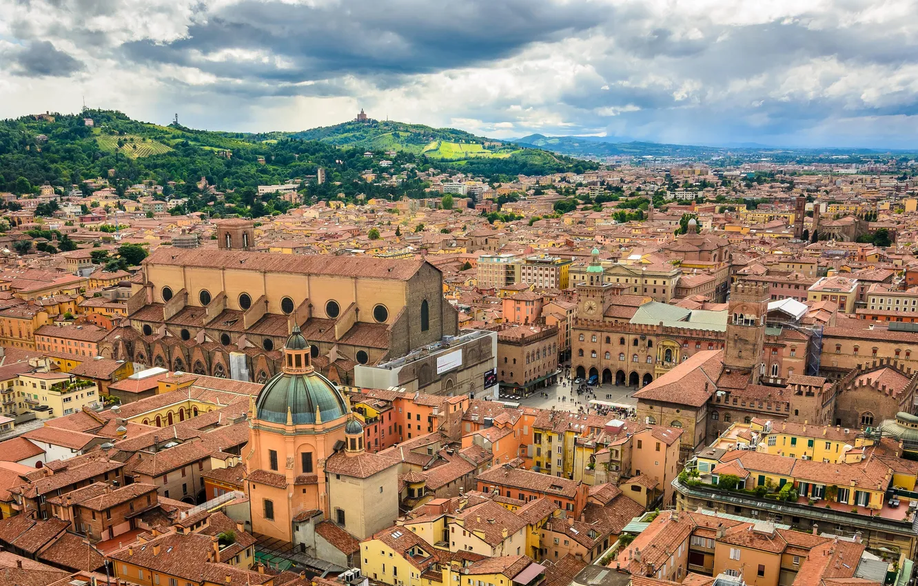 Фото обои здания, Италия, панорама, Italy, Bologna, Болонья, Базилика Сан-Петронио, San Petronio Basilica