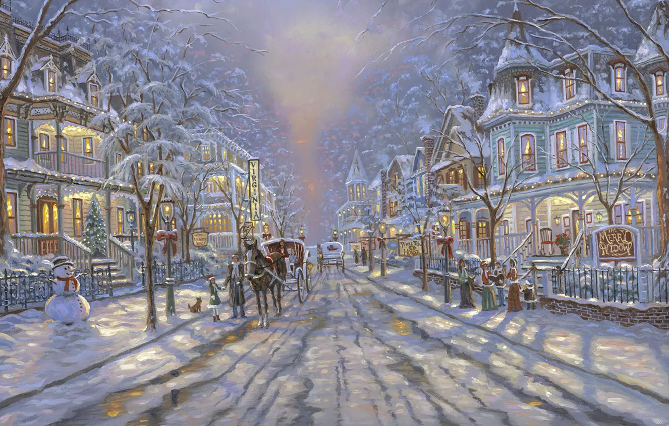 Фото обои дорога, улица, Рождество, снеговик, ёлка, живопись, Christmas, Robert Finale