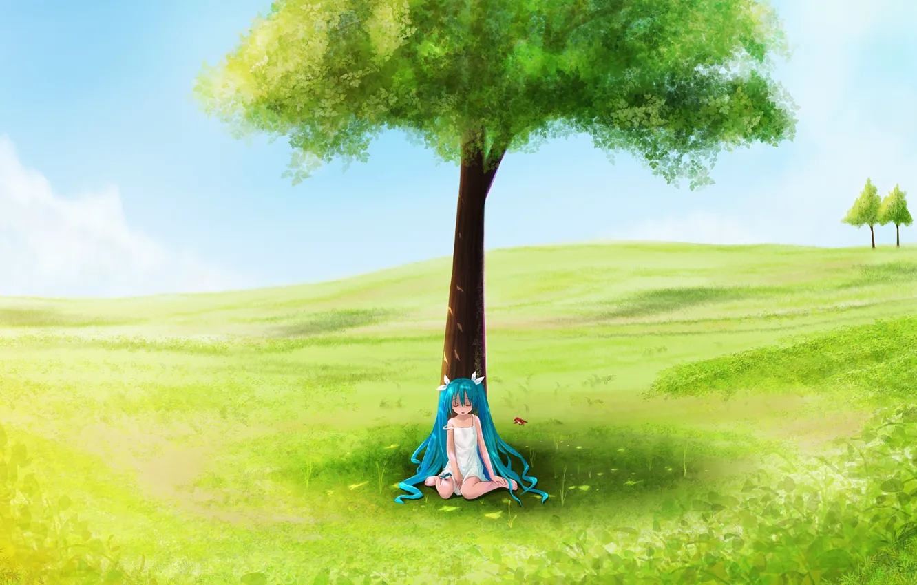 Фото обои поле, лето, дерево, девочка