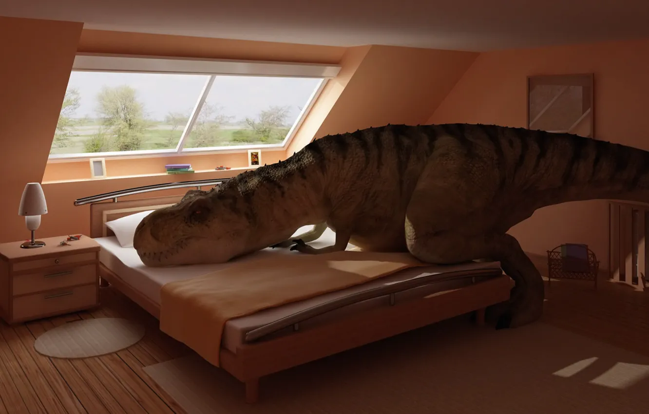 Фото обои комната, кровать, интерьер, динозавр, отдыхает, спальня