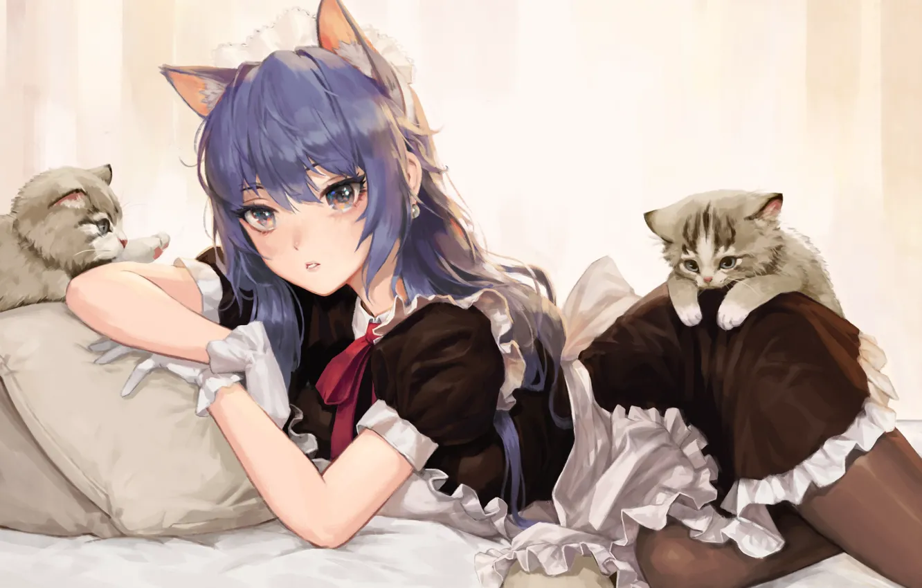 Фото обои перчатки, подушка, на кровати, голубые волосы, горничная, оборки, кошачьи ушки, два котёнка