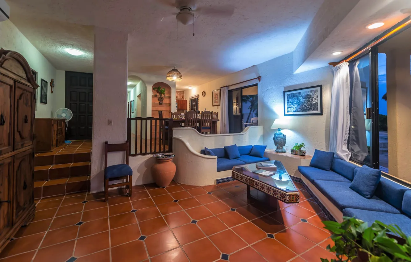 Фото обои интерьер, гостиная, холл, Living area with dining room, Villa Nicte Ha House, Akumal Mexico Vacation