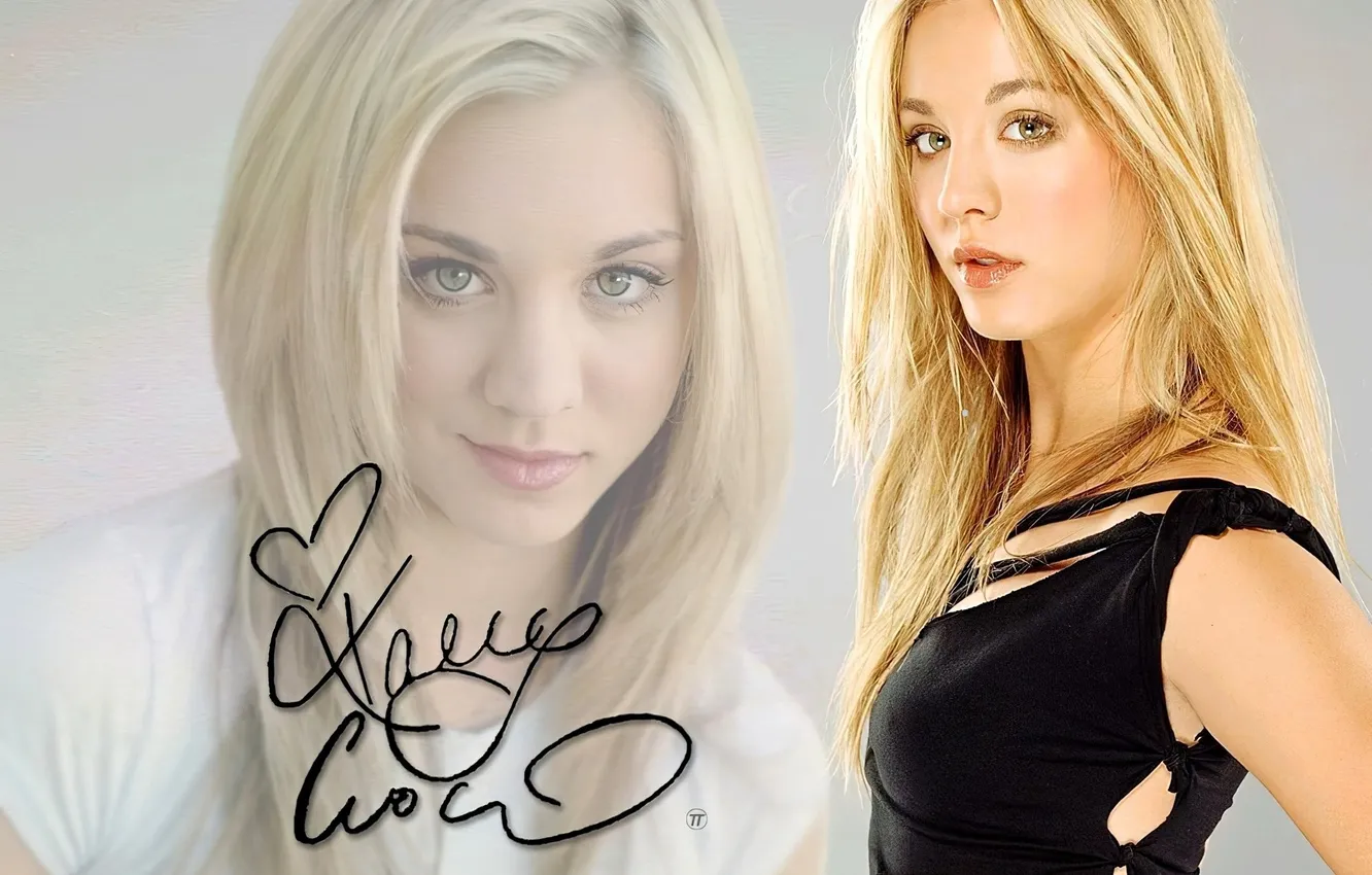 Фото обои лицо, блондинка, топ, Kaley Cuoco, автограф
