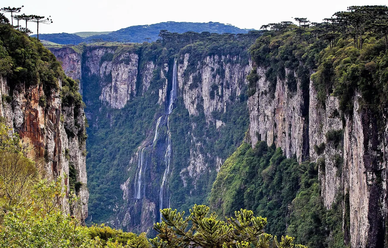 Фото обои зелень, обрыв, высота, Горы, Водопад, Скалы, Каньон, туризм
