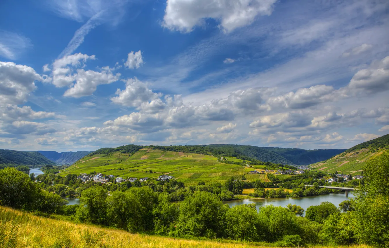 Фото обои небо, деревья, пейзаж, природа, река, фото, Германия, Sinsheim