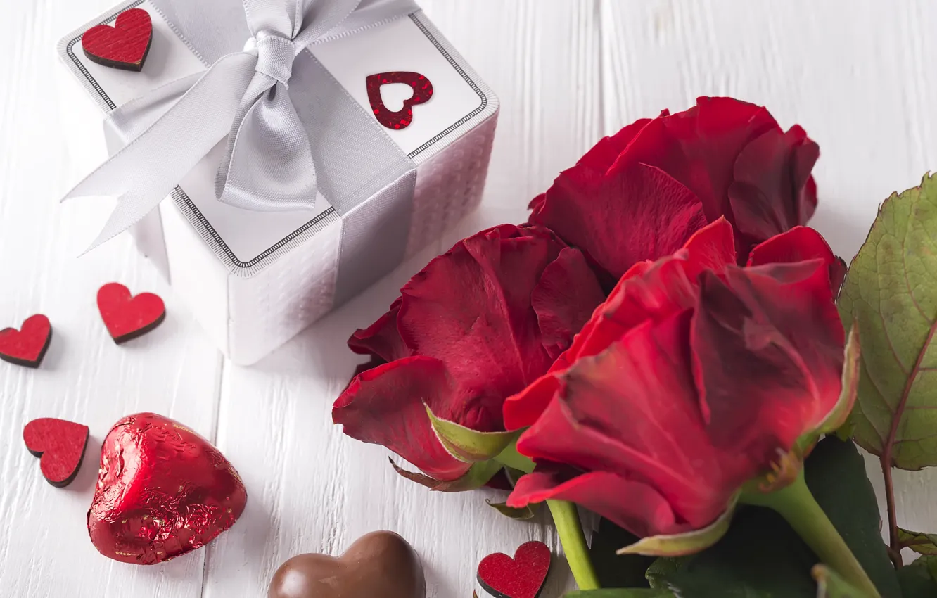 Фото обои цветы, подарок, розы, букет, сердечки, красные, red, love