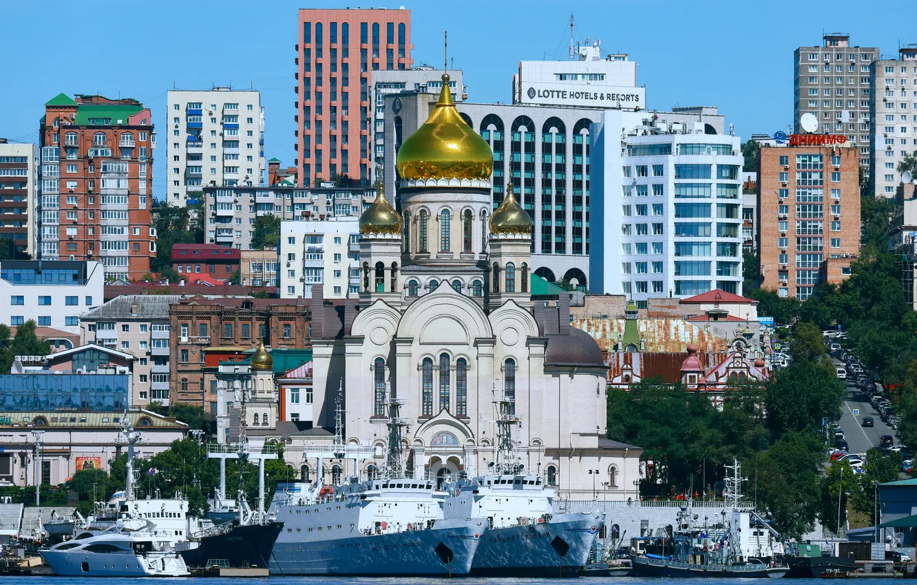 Фото обои корабль, причал, храм, Владивосток