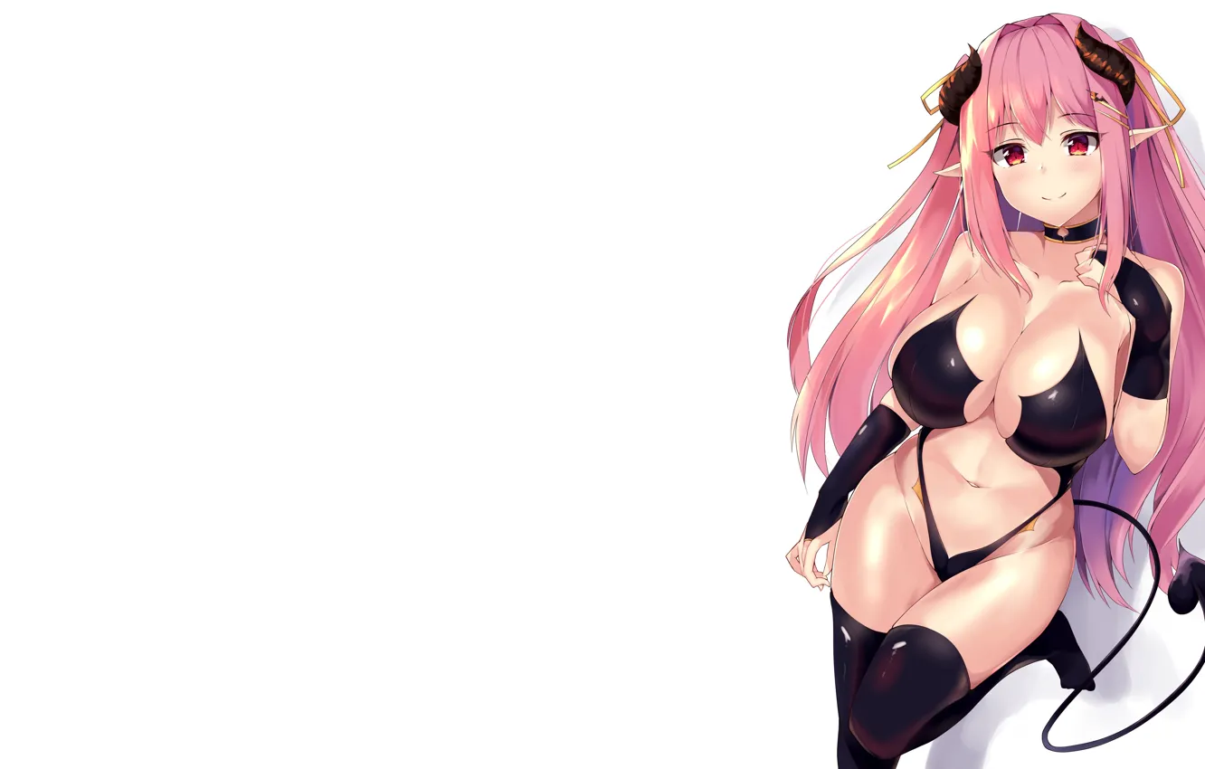Фото обои girl, sexy, cleavage, thighhighs, pink hair, horns, long hair, boobs