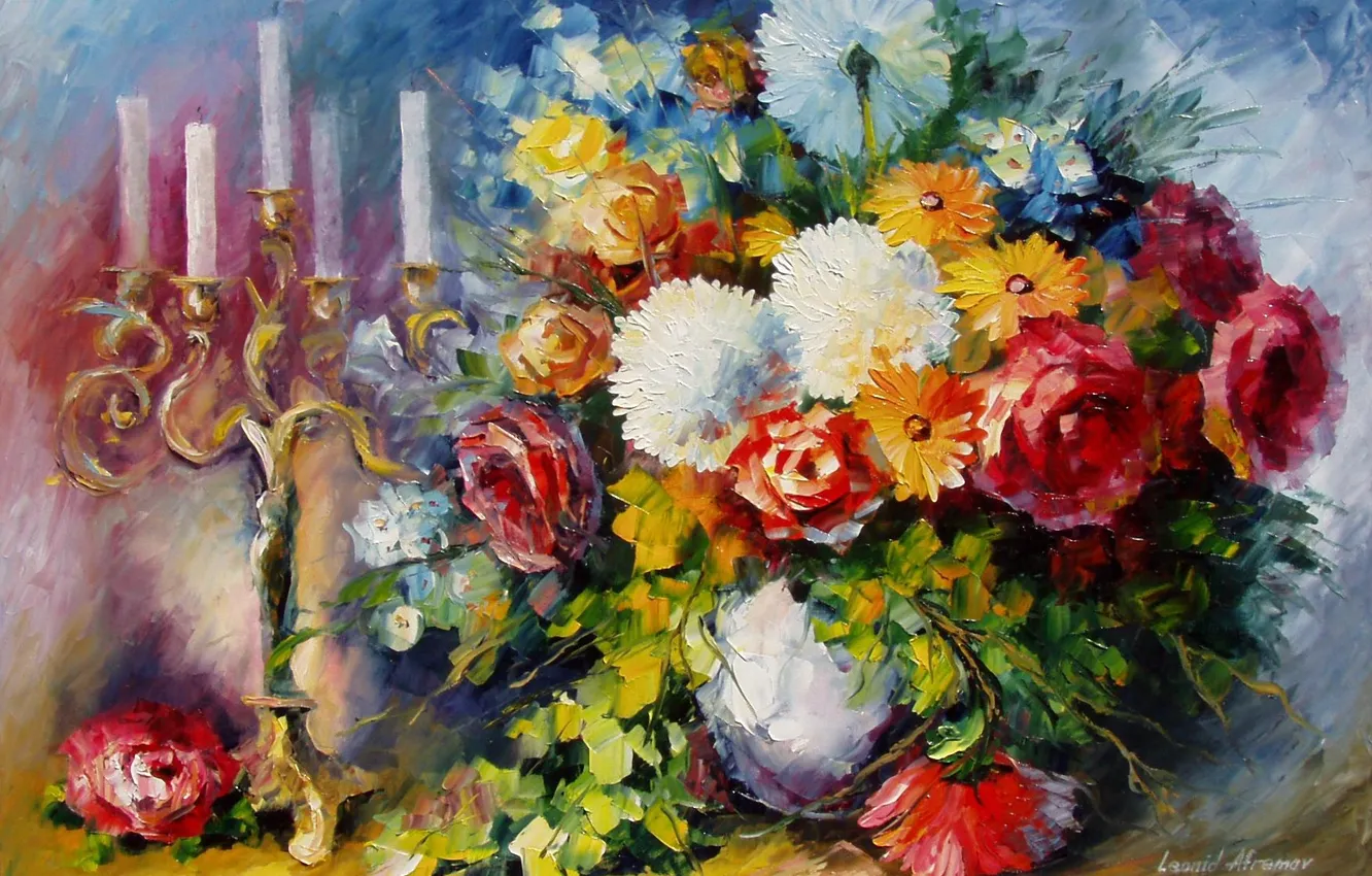 Фото обои цветы, букет, свечи, арт, ваза, подсвечник, Leonid Afremov