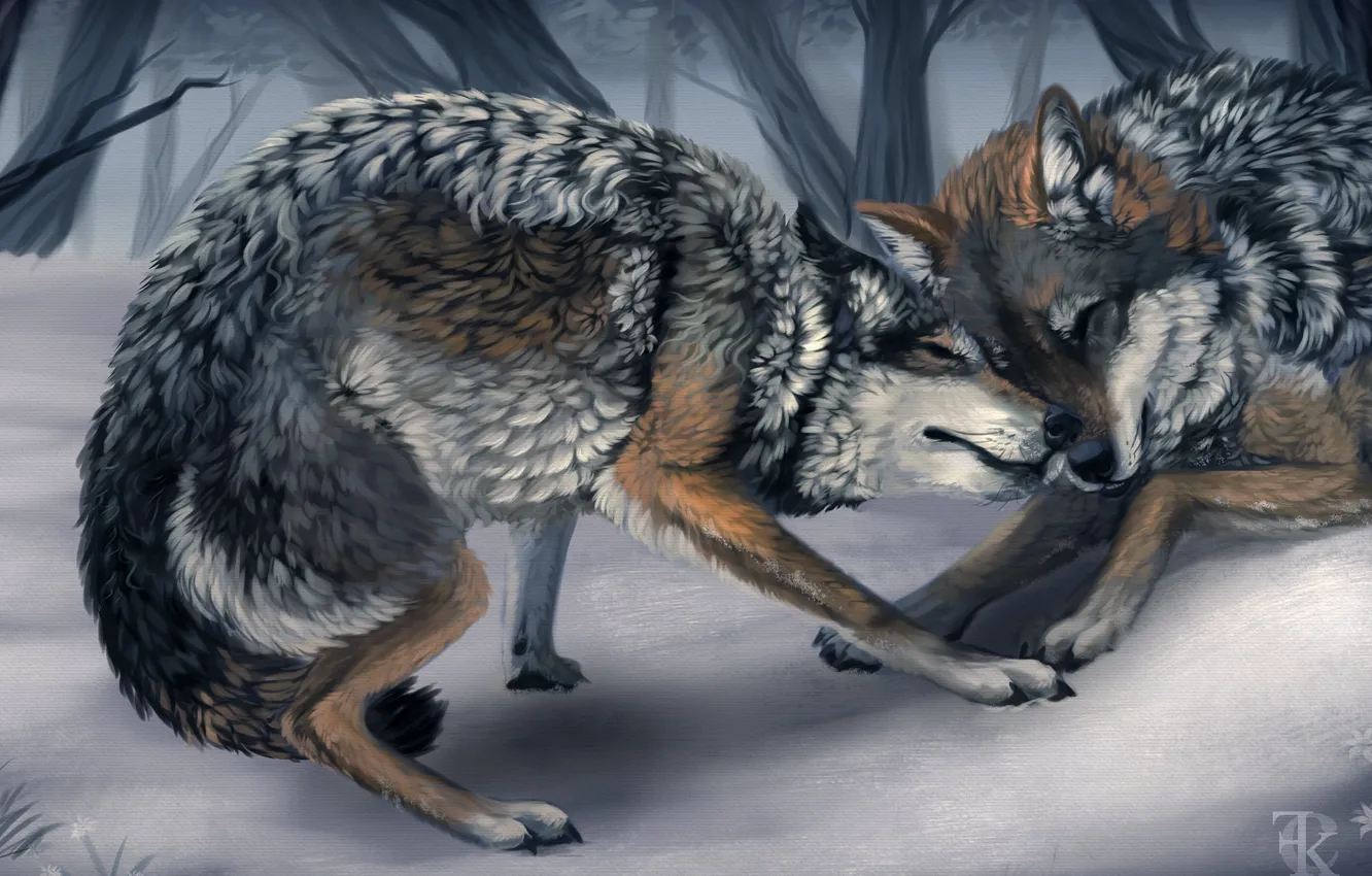 Фото обои зима, животные, деревья, игры, арт, волки, дикие