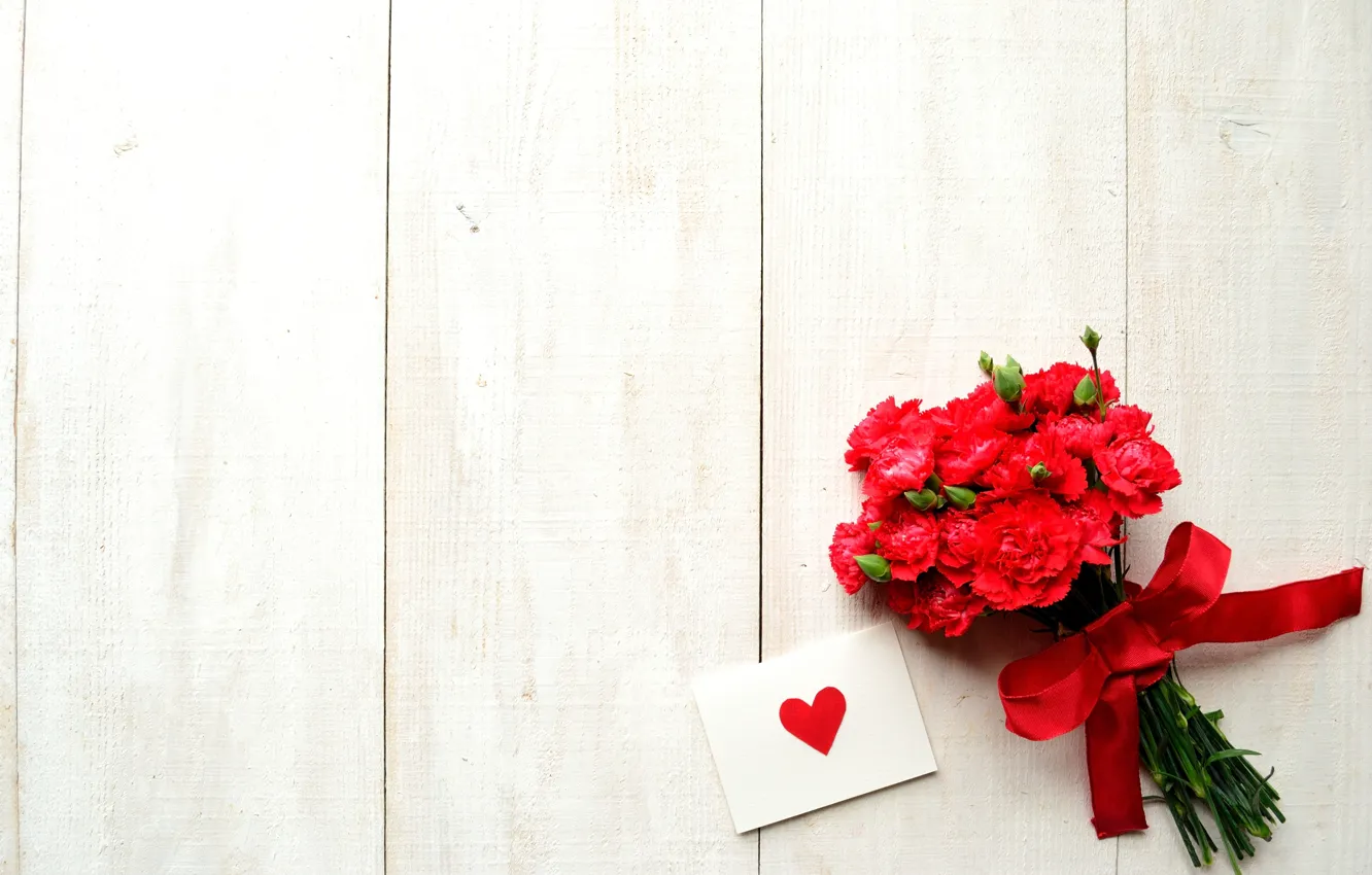 Фото обои цветы, праздник, лента, сердечко, бантик, открытка, День Святого Валентина, гвоздики
