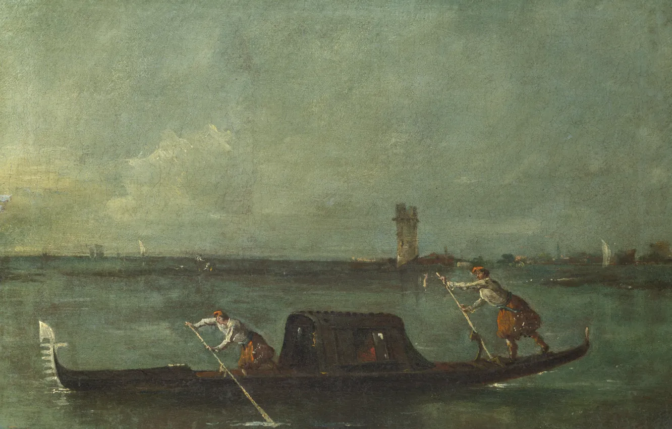 Фото обои лодка, картина, Francesco Guardi, Франческо Гварди, Гондола в лагуне возле Местре