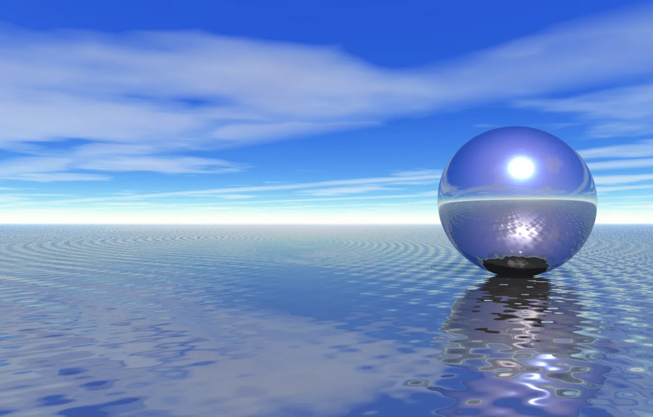 Фото обои море, небо, вода, отражения, рендеринг, шар, НЛО, сфера