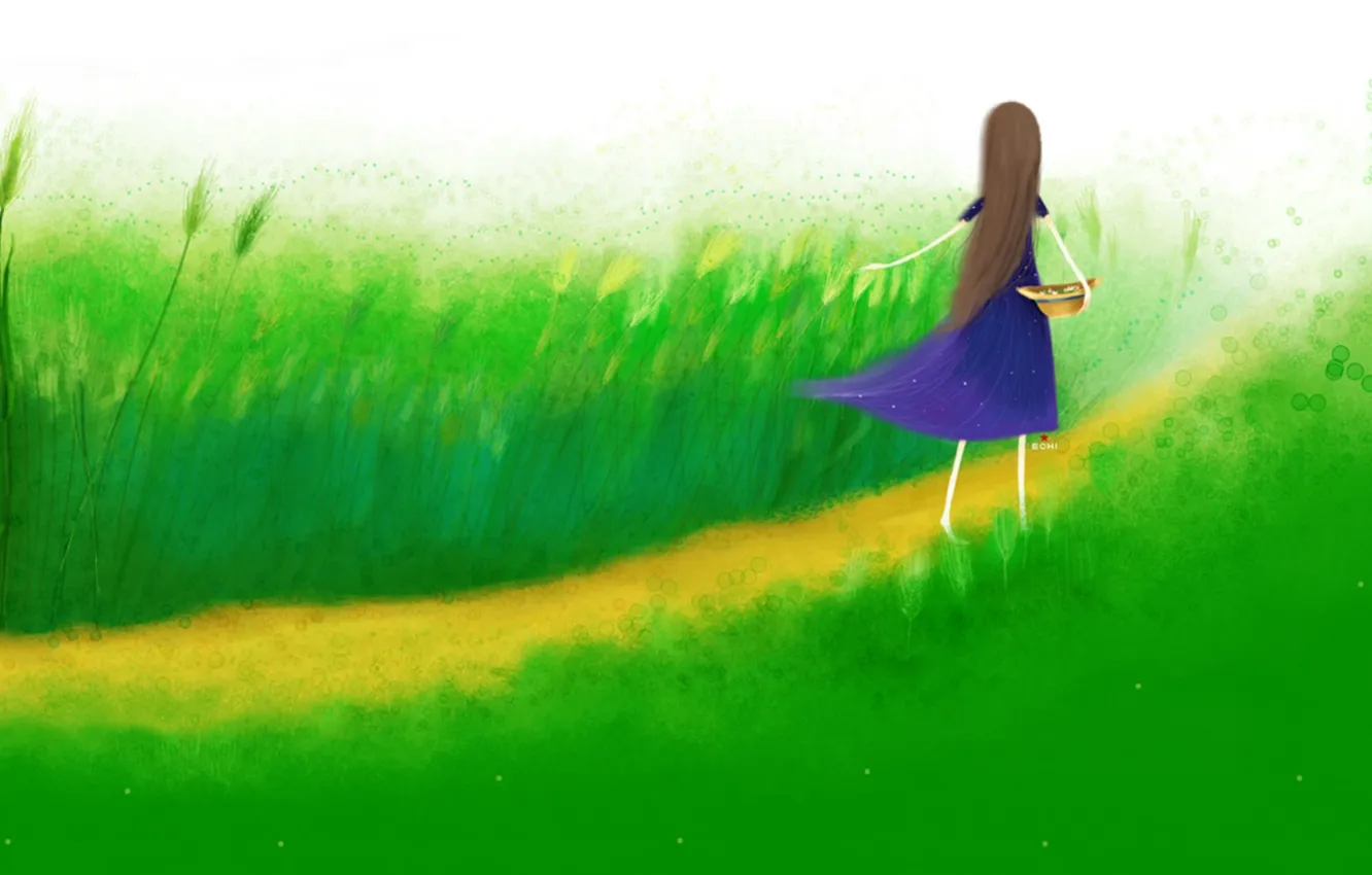 Фото обои поле, лето, трава, спина, шляпа, платье, девочка, колосья
