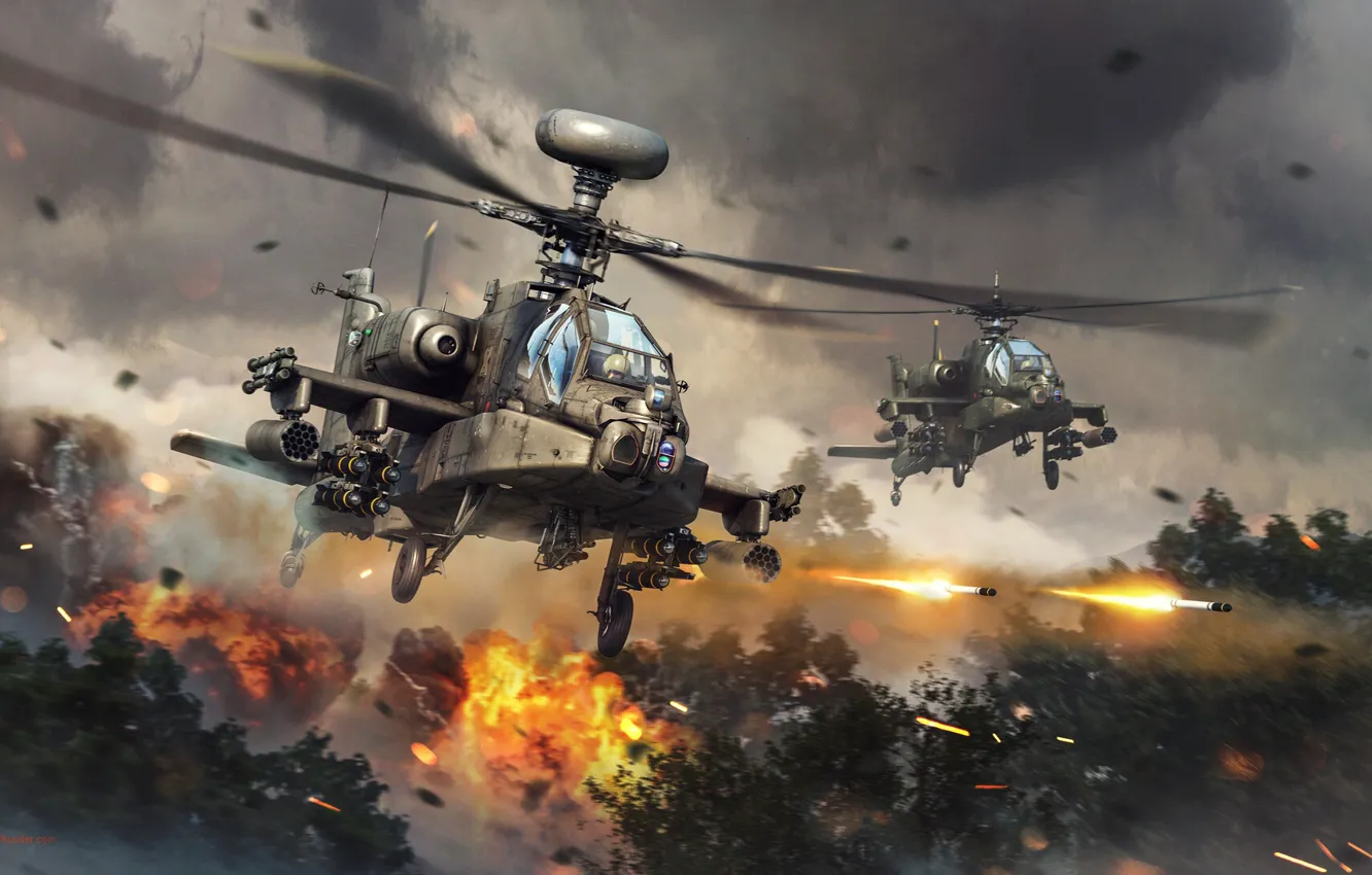 Фото обои огонь, искры, вертолёты, War Thunder, Attack Helicopter