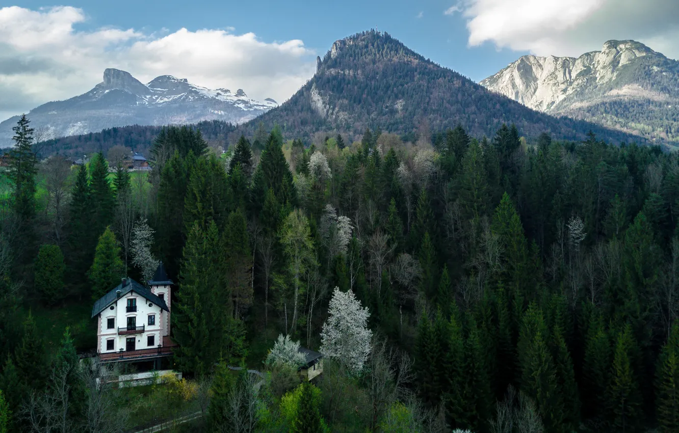 Фото обои Природа, Горы, Австрия, Лес, Дом, Пейзаж, БАД Аусзее