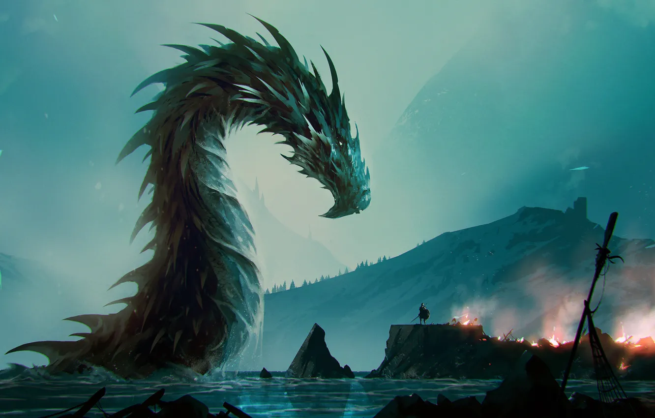 Фото обои Дракон, Озеро, Огонь, Монстр, Воин, Разрушения, Fantasy, Dragon
