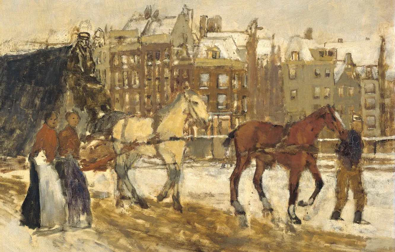 Фото обои город, лошадь, картина, Георг Хендрик Брейтнер, Улица Рокин в Амстердаме