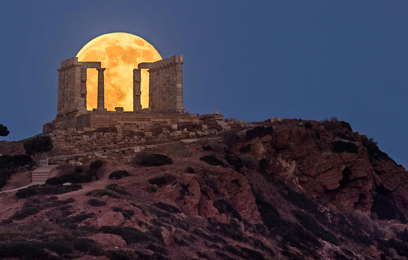 Фото обои ночь, скала, Греция, храм, руины, неболуна
