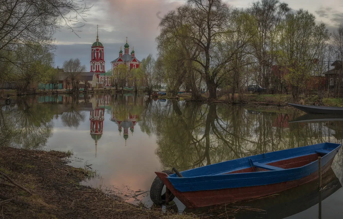 Фото обои пейзаж, природа, город, река, лодка, храм, Переславль-Залесский, Елена Гусева