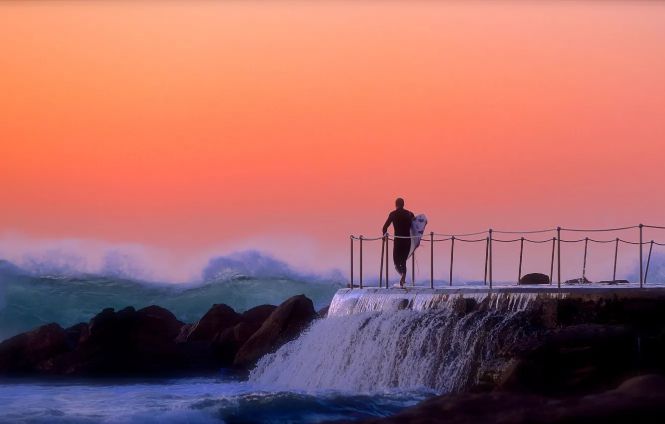 Фото обои waves, sea, rocks, morning, sunrise, surfing, surf, surfer