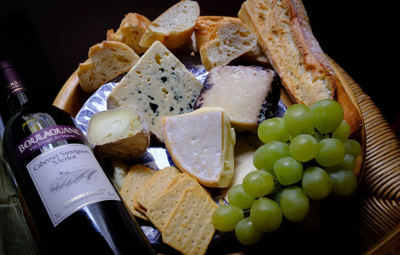 Фото обои вино, бутылка, сыр, виноград, закуска