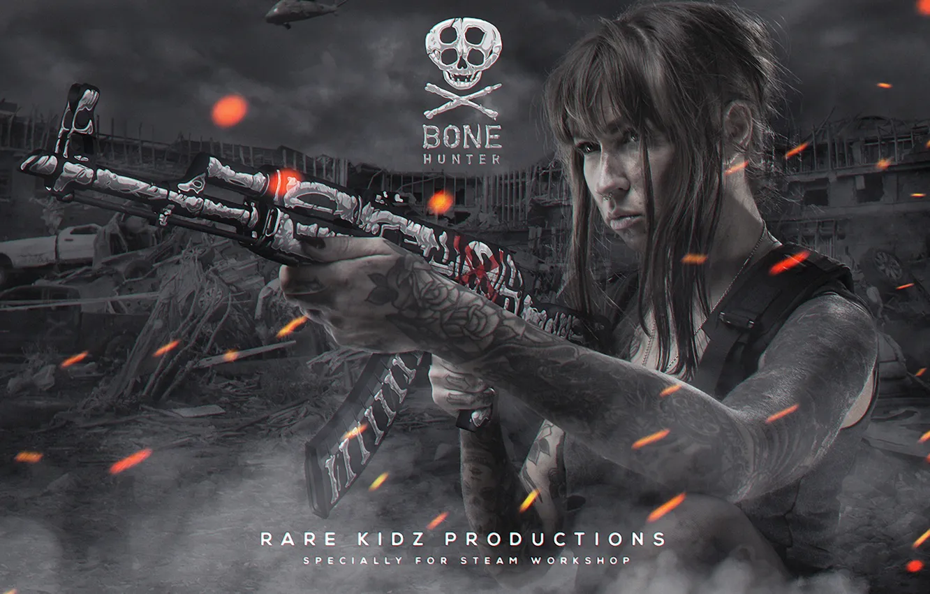 Фото обои девушка, апокалипсис, дым, череп, тату, искры, автомат, кости