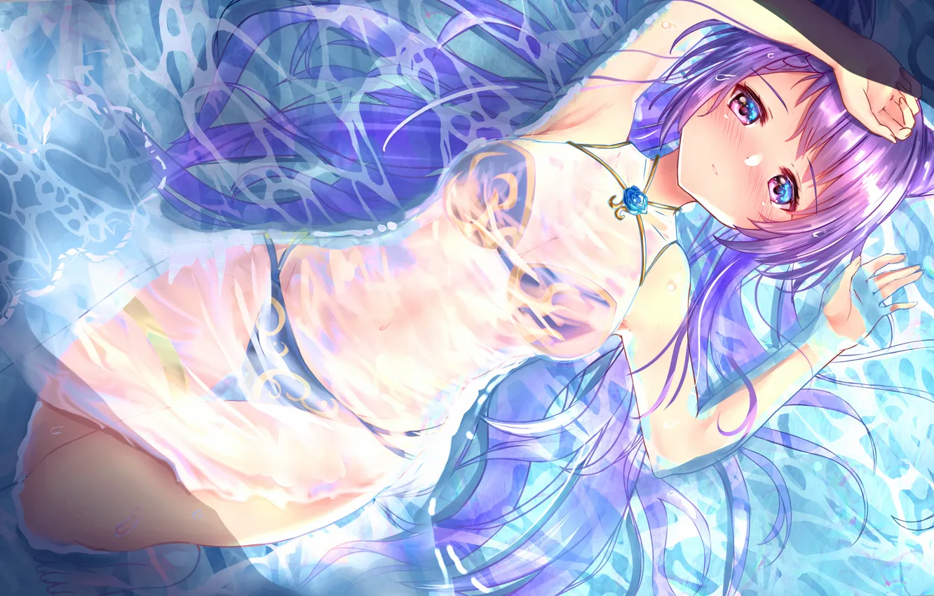 Фото обои girl, sexy, wet, long hair, dress, boobs, anime, water