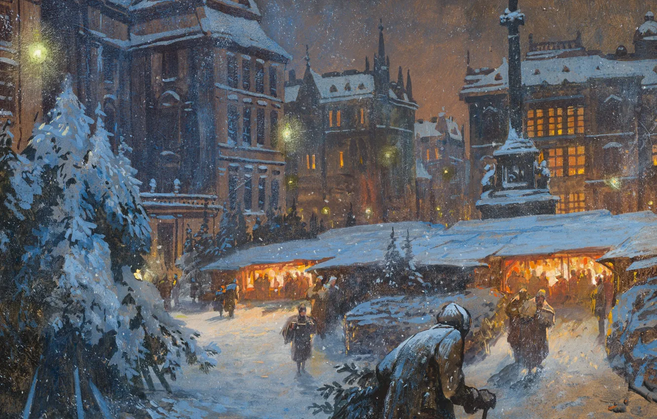 Фото обои Дома, Зима, Снег, Люди, Картина, Вена, Ярмарка, Georg Janny