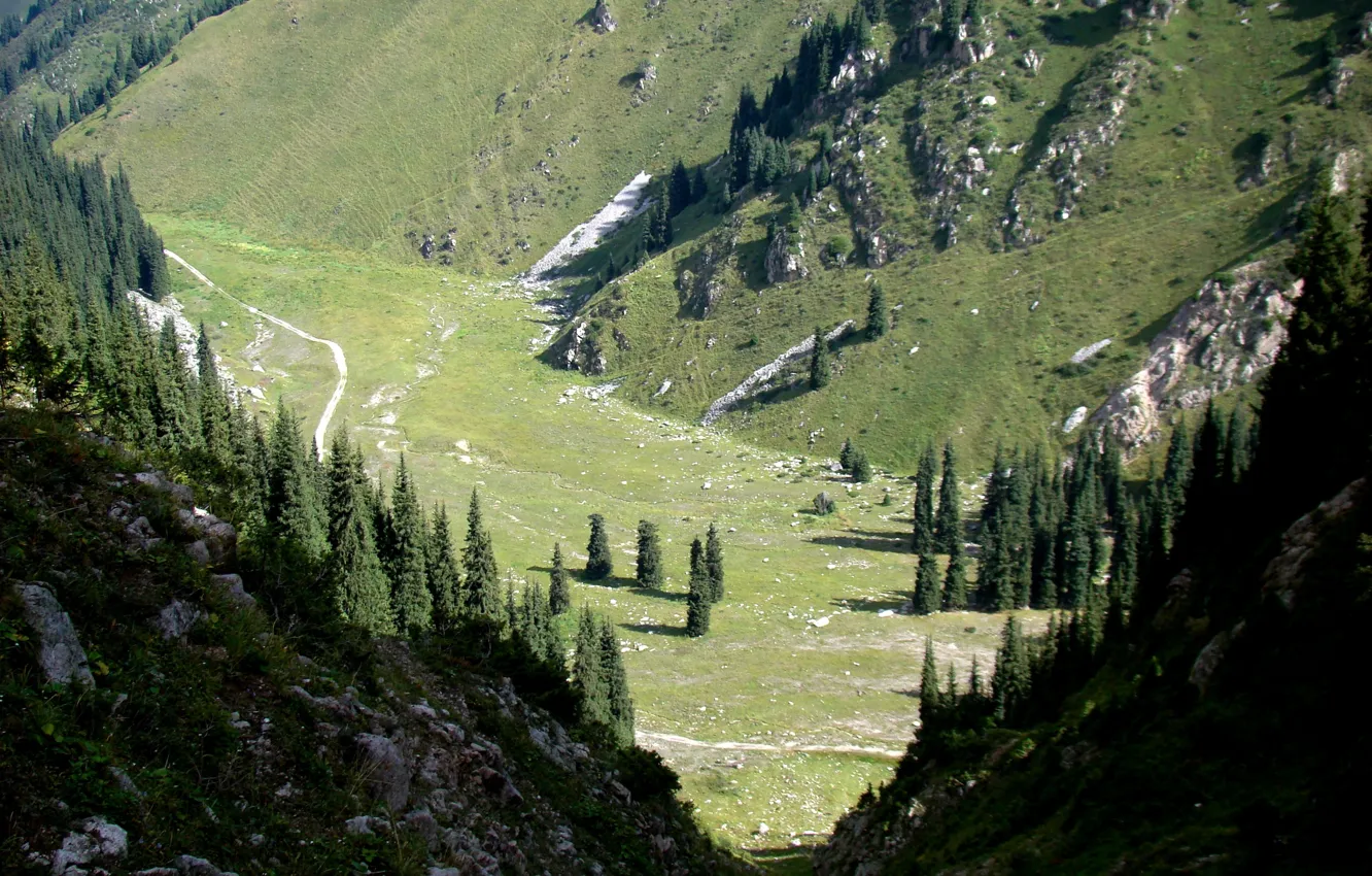 Фото обои горы, ущелье, Казахстан, лунная поляна