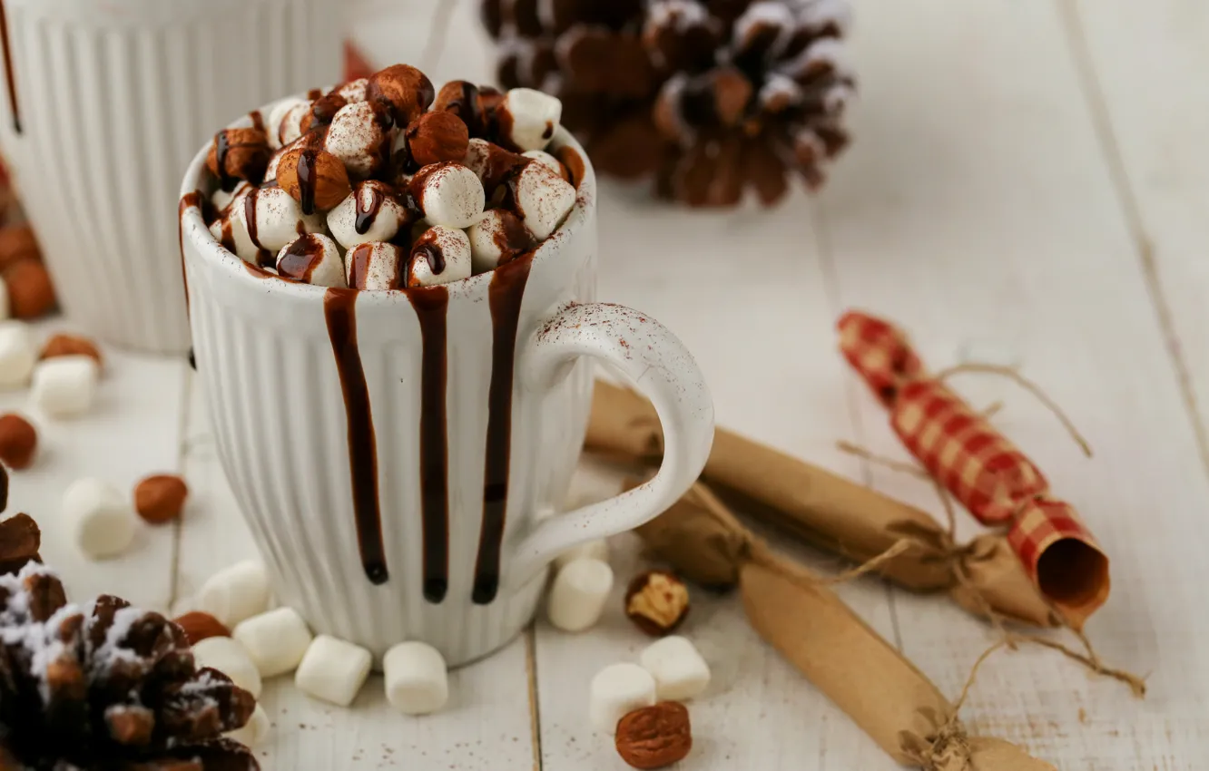Фото обои кофе, шоколад, чашка, корица, зефир, маршмеллоу