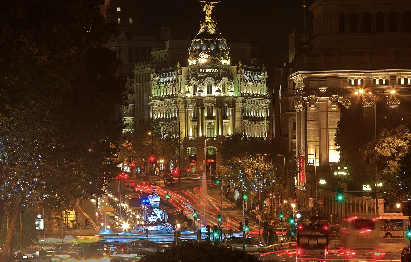 Фото обои ночь, огни, улица, дома, Испания, Мадрид, Метрополис